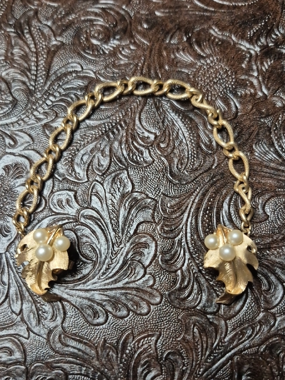 Trifari Gold-Tone Leaf Sweater Clip Set with Pearls